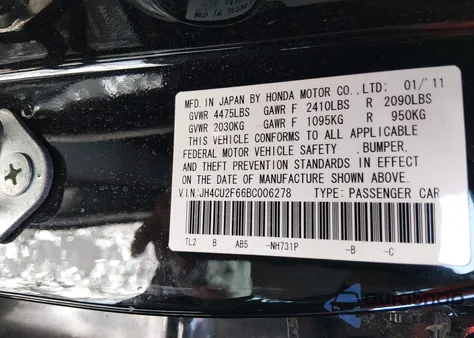 2011 Acura Tsx 2.4 from USA, damaged, VIN JH4CU2F66BC006278